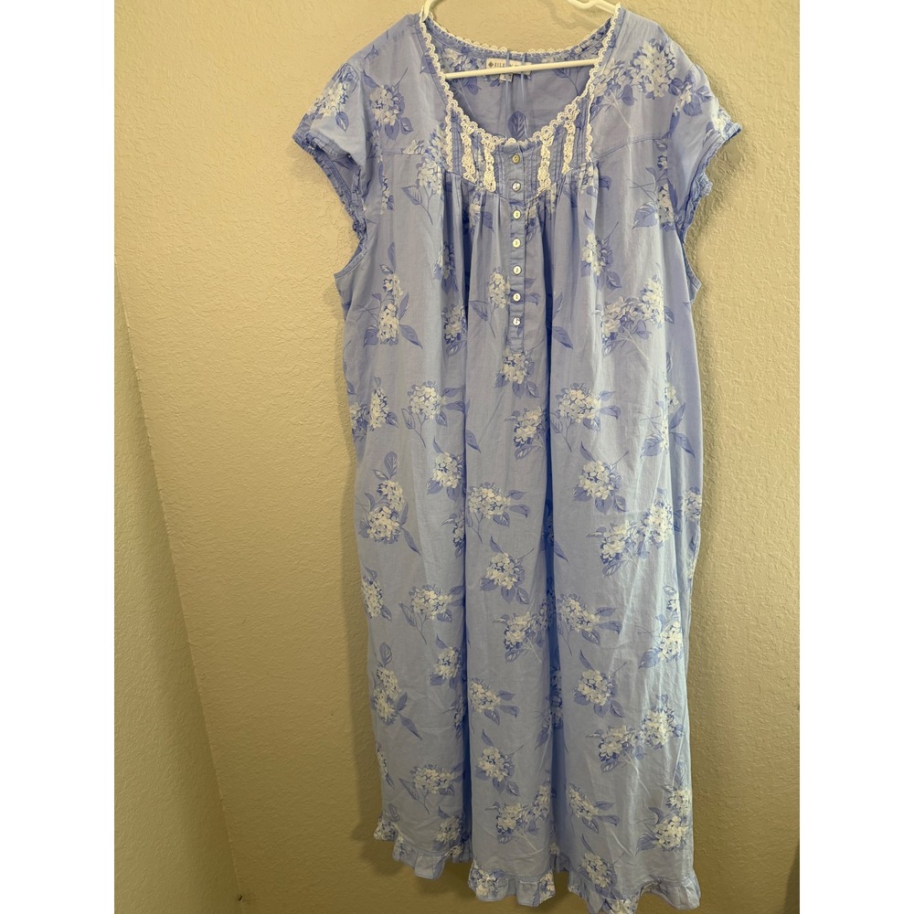 Eileen West Blue Floral Cotton Lawn Nightgown Lace Trim Plus Size 3X Cap Sleeve